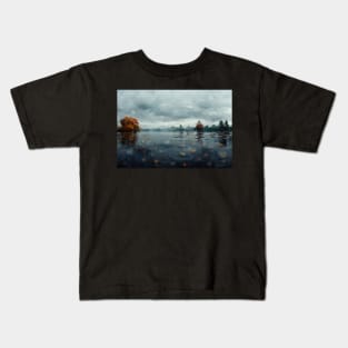 Foggy Lake Falling Raindrops On A Rainy Autumn Day Kids T-Shirt